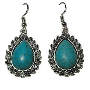 Silver Turquoise Stone Dangle Drop Fashion Earrings